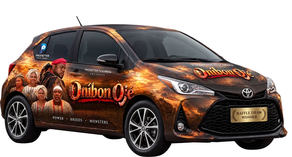 Toyota Yaris wrapped in Oníbon Òjé artwork, marked Raffle Draw Winner