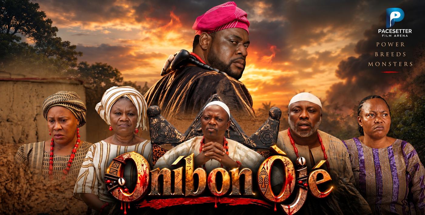 The cast of Oníbon Òjé, led by Odunlade Adekola